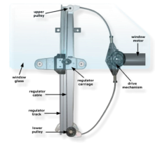 A typicial car, truck or SUV door glass power window regulator and motor assembly